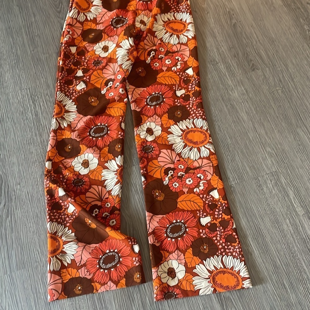 Zara Women's High Rise Orange & White Floral Retro Hippie Flare Pants Size L - Picture 10 of 11